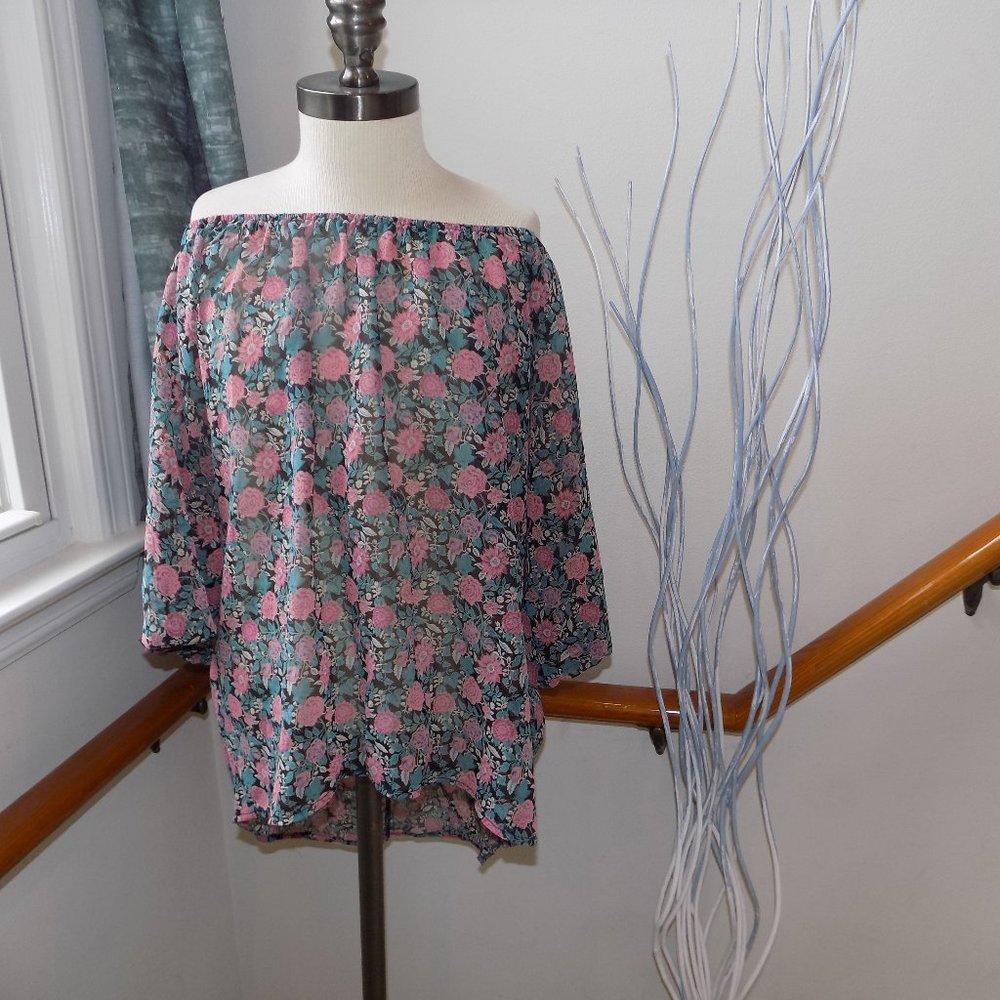 FOREVER 21 Floral Sheer On/Off Shoulder The Top Blouse Size Large